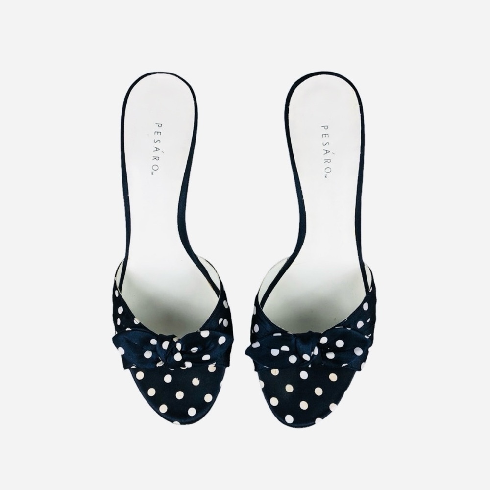 Pesáro Jaynie Navy Polka Dot Kitten Heel Open Toe Sandals with Bow 7.5 - Picture 2 of 10